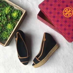 Tory Burch Majorca black peep toe canvas wedges